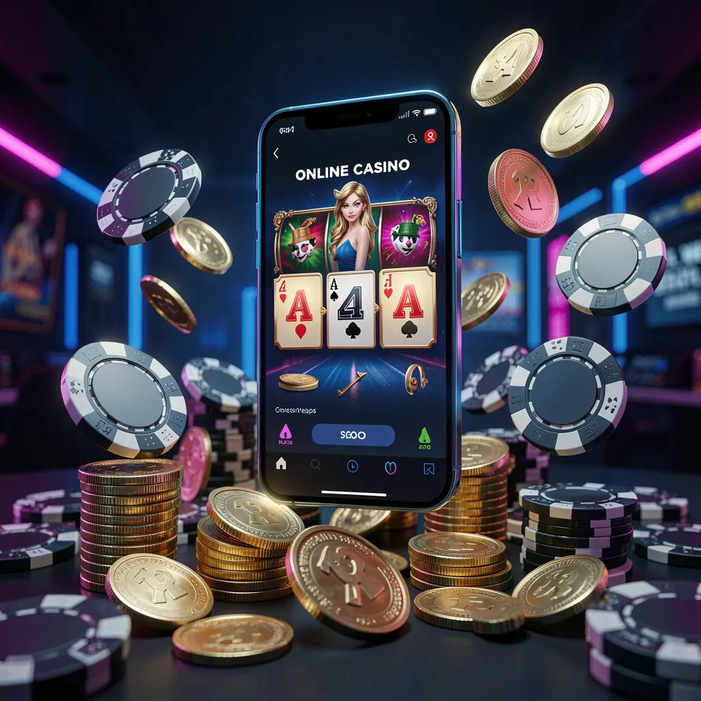 BGD66 online casino app promotion banner showing a phone floating above golden coins and poker chips with a dark blue and black background and cinematic neon glow in a realistic 3D render