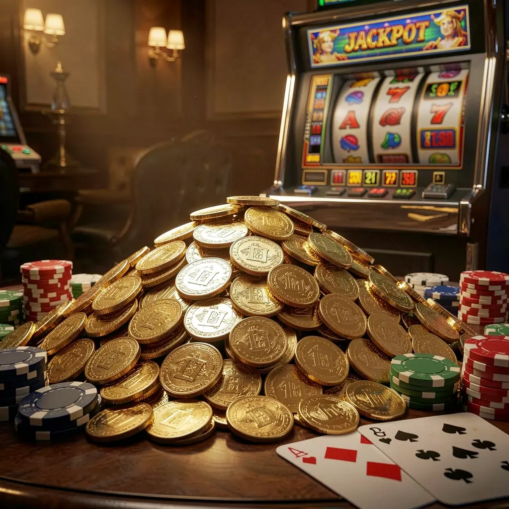 BGD66 jackpot bonus scene featuring a huge pile of golden coins, a slot machine in the background, poker chips, and playing cards under cinematic luxury lighting