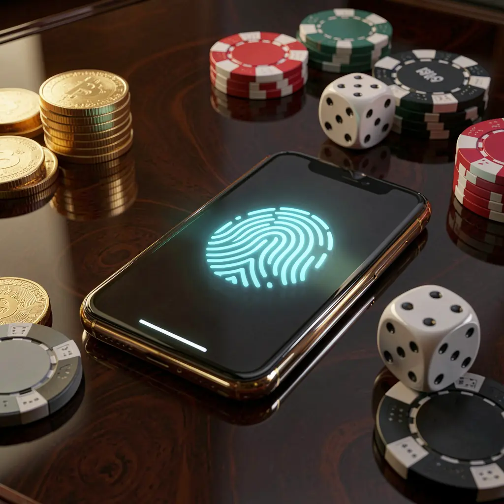BGD66 online gaming account access scene showing a smartphone with a glowing fingerprint icon surrounded by golden coins, dice, and poker chips on a glossy table under cinematic lighting