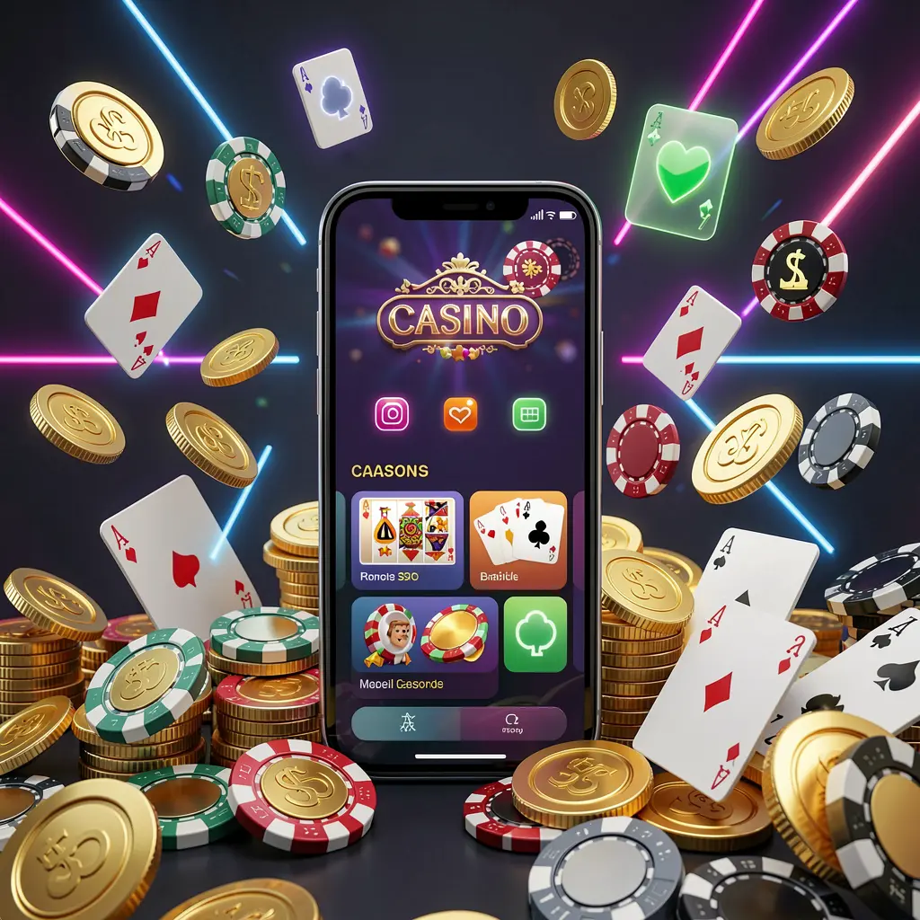 BGD66 mobile casino homepage concept showing a smartphone surrounded by golden coins, chips, cards, and glowing icons on a modern dark background with neon accents