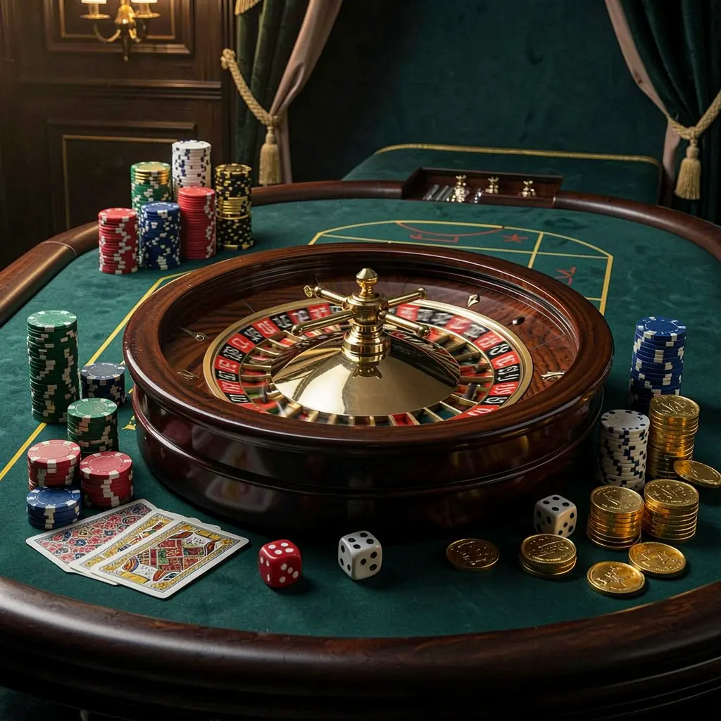 BGD66 premium casino homepage scene featuring a roulette wheel spinning on a glossy table surrounded by poker chips, dice, cards, and golden coins against an elegant dark background with cinematic lighting
